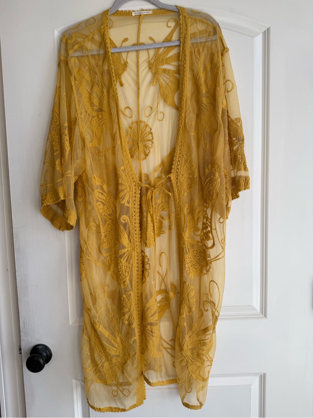 Do everything in Love Mustard Yellow Embroidered Sheer Kimono Cover-Up